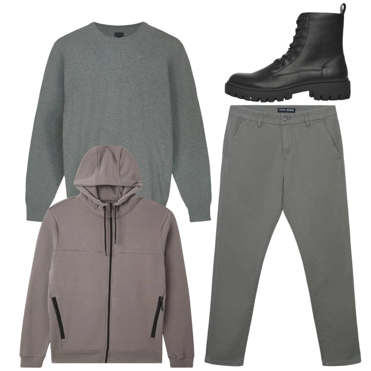 Outfit uomo - Total look. Stile Casual per Tutti i giorni. Abbinamento con anfibi, pantaloni chino, felpe con cappuccio, maglieria.