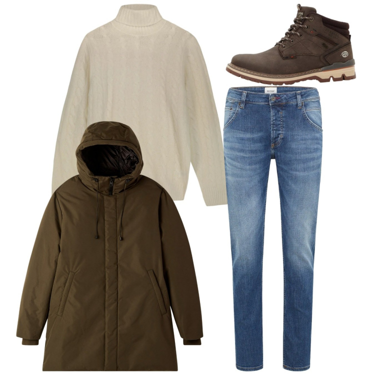 Outfit uomo - Total look. Stile Casual per Tutti i giorni. Abbinamento con jeans dritti, stivali e stivaletti, parka, maglieria.