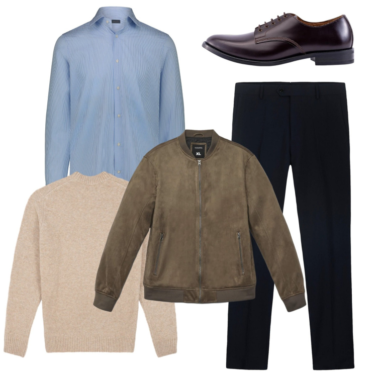 Outfit uomo - Total look. Stile Casual per Tutti i giorni. Abbinamento con giacche, scarpe stringate, camicie, pantaloni, maglieria.
