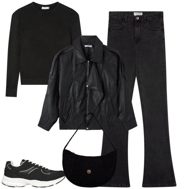 Outfit donna - Gennaio. Stile Casual per Tutti i giorni. Abbinamento con jeans a zampa, giacche, maglieria, sneakers, borse a mano.