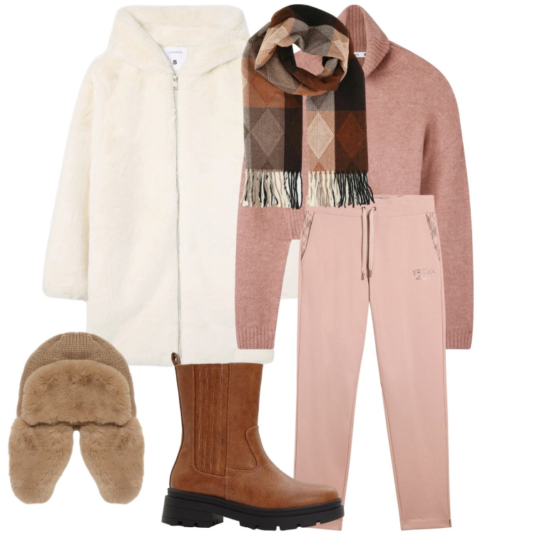 Outfit donna - Snow & comfy. Stile Casual per Tutti i giorni. Abbinamento con stivaletti chelsea, cappotti, maglieria, berretti, sciarpe, pantaloni.