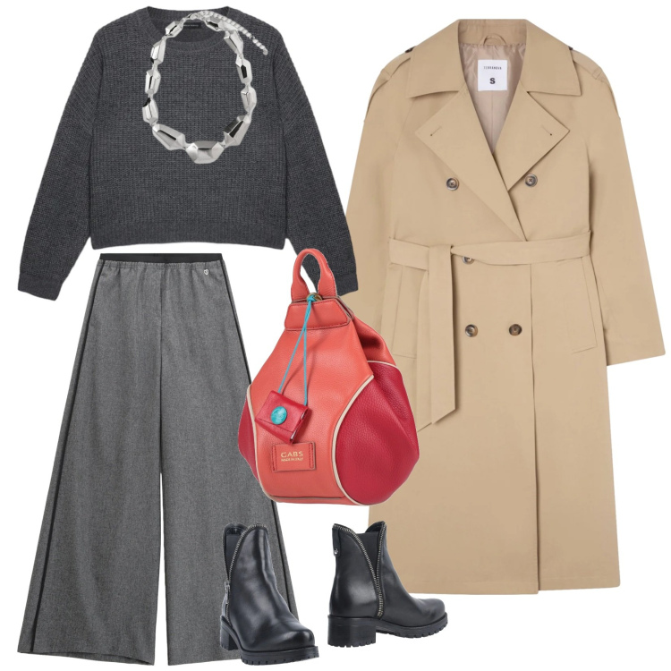 Outfit donna - La quotidianità. per Tutti i giorni. Abbinamento con stivaletti, zaini, trench, pantaloni, maglieria, ciondoli.