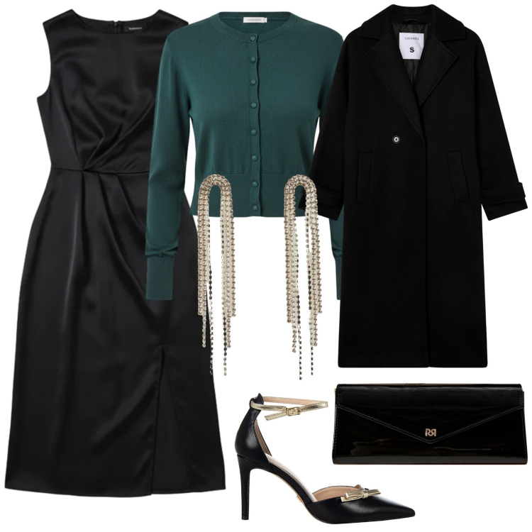Outfit donna - Una cena importante. per Serata fuori. Abbinamento con orecchini, cappotti, vestiti midi/longuette, décolleté, cardigans, pochette.
