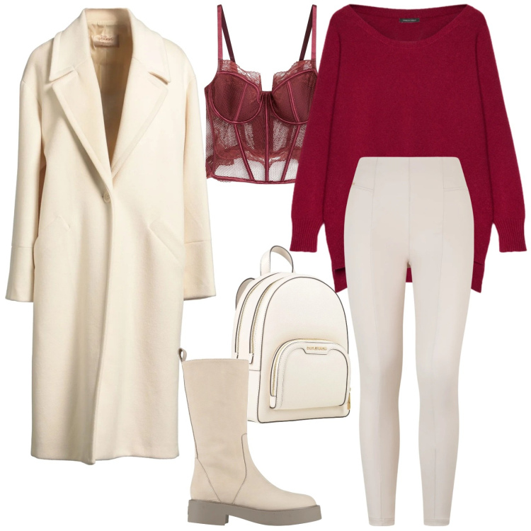 Outfit donna - Rosso e beige. Stile Urban per Tutti i giorni. Abbinamento con bralette, zaini, stivali, cappotti, pantaloni skinny, maglieria.