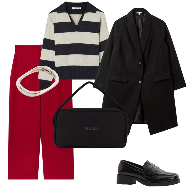 Outfit donna - La maglia a righe. per Tutti i giorni. Abbinamento con braccialetti, mocassini, pantaloni a palazzo, maglieria, cappotti, borse a mano.