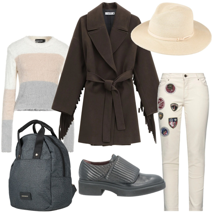 Outfit donna - Frange audaci. Stile Glamour per Scuola/Università. Abbinamento con jeans slim fit, zaini, pullovers, mocassini, cappelli, cappotti.