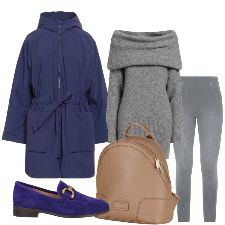Outfit donna - Mocassini bluette. Stile Glamour per Ufficio. Abbinamento con mocassini, zaini, parka, maglieria, jeggings.