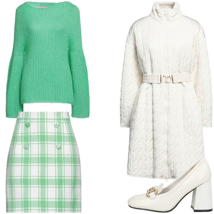 Outfit donna - Bianco e verde. Stile Casual chic per Tutti i giorni. Abbinamento con cappotti, mocassini, minigonne, pullovers.
