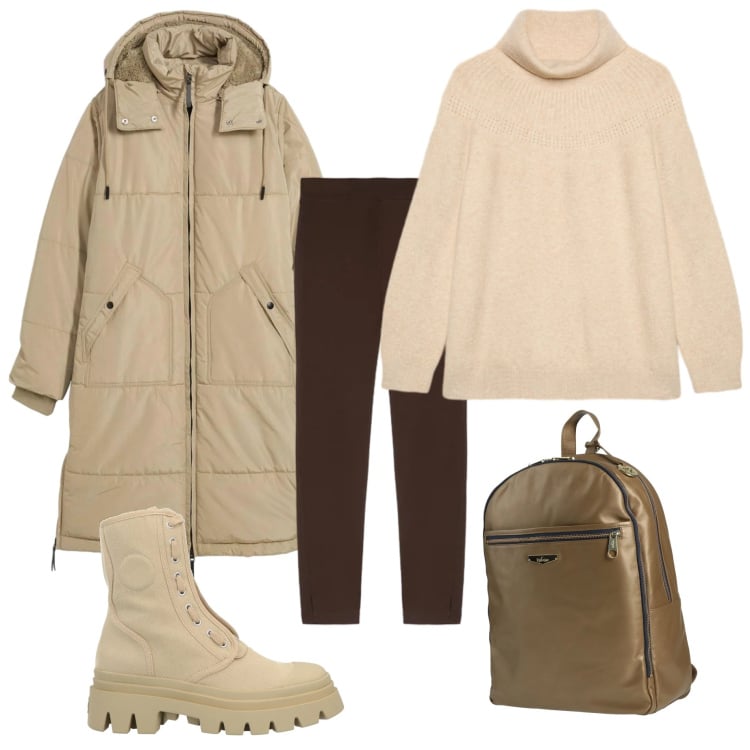 Outfit donna - Semplicità sotto la neve. Stile Casual per Tutti i giorni. Abbinamento con piumini, stivaletti, zaini, leggings, maglieria.