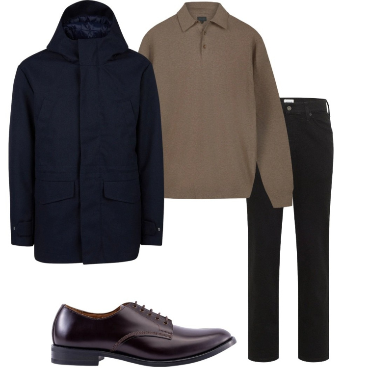 Outfit uomo - Minimal freddo. Stile Urban per Ufficio. Abbinamento con jeans dritti, scarpe stringate, giacche, maglieria.