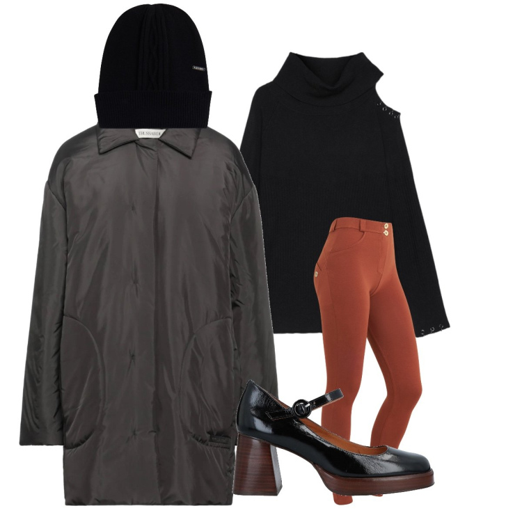 Outfit donna - Wrapped in style. Stile Trendy per Ufficio. Abbinamento con décolleté, cappotti, pantaloni skinny, berretti, maglieria.