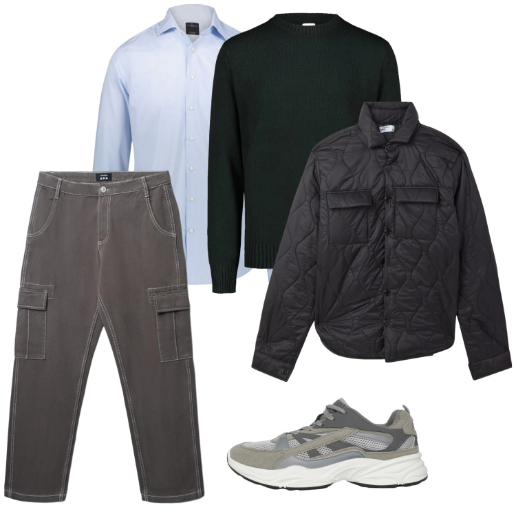 Outfit uomo - Sportivo con la camicia. per Ufficio. Abbinamento con pantaloni cargo, sneakers, giacche, camicie, maglieria.