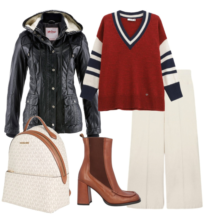 Outfit donna - Total look #2319741. Stile Casual chic per Ufficio. Abbinamento con blazer, stivaletti chelsea, zaini, maglieria, pantaloni chino.