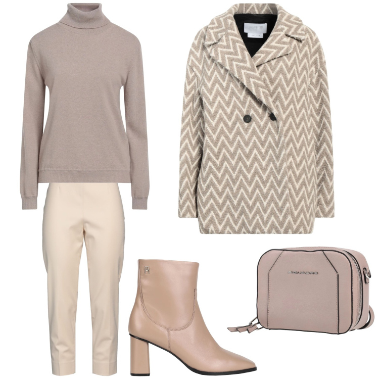Outfit donna - Giornata fredda. Stile Casual chic per Tutti i giorni. Abbinamento con caban, pantaloni, stivaletti, maglieria, marsupi.