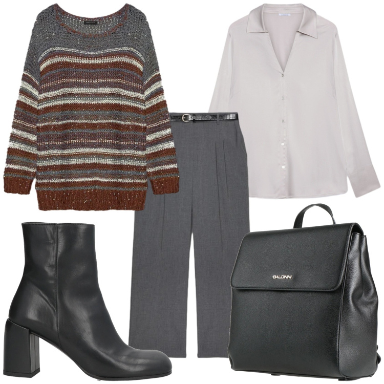 Outfit donna - Il grigio in ufficio. Stile Casual chic per Ufficio. Abbinamento con zaini, stivaletti, maglieria, pantaloni, camicie.