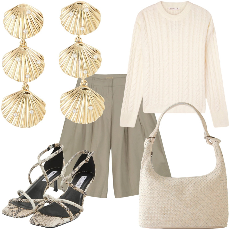 Outfit donna - Total look #2319753. Stile Casual per Tutti i giorni. Abbinamento con bermuda, maglieria, orecchini, sandali col tacco, shopping bag.