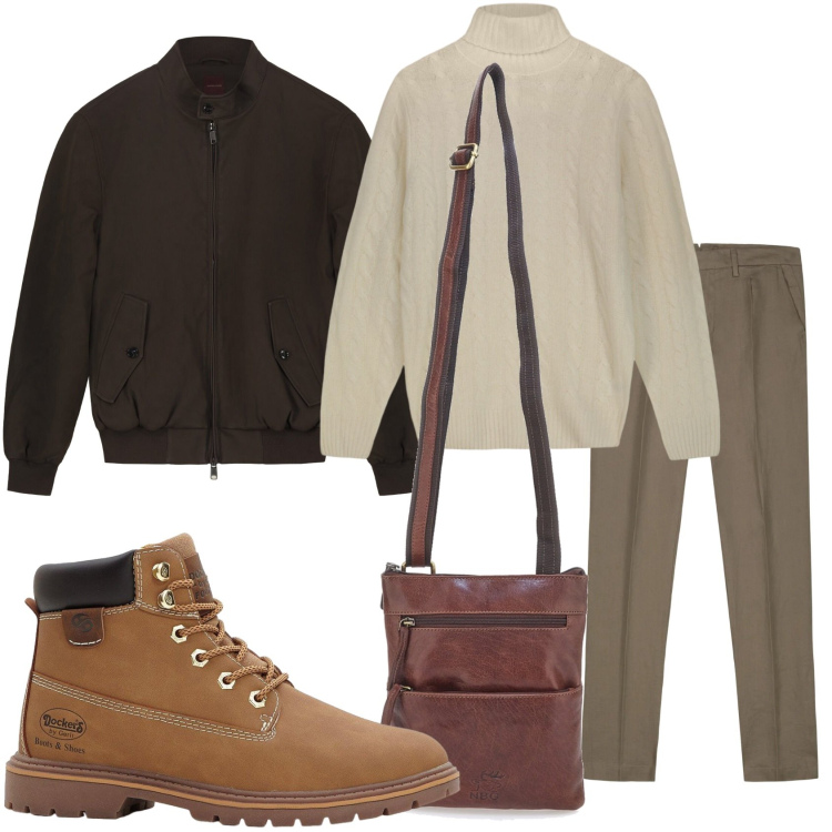 Outfit uomo - Semplice. Stile Trendy per Tutti i giorni. Abbinamento con stivali e stivaletti, bomber, pantaloni, maglieria, portafogli.