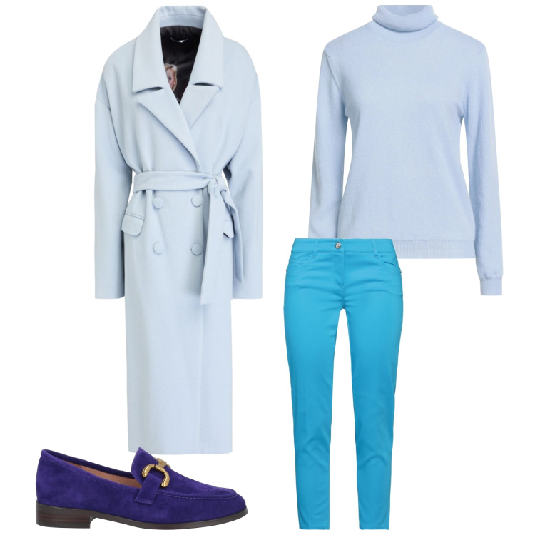 Outfit donna - Blu Gennaio. Stile Casual per Tutti i giorni. Abbinamento con mocassini, maglieria, pantaloni, cappotti.