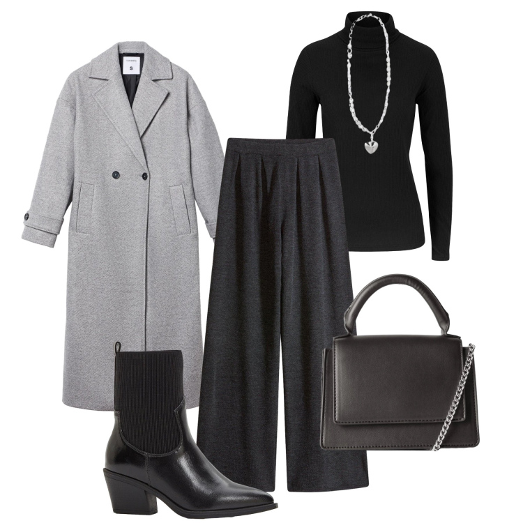 Outfit donna - Total look al lavoro. Stile Casual chic per Ufficio. Abbinamento con pantaloni, maglieria, stivaletti texani, cappotti, borse a tracolla, collane.