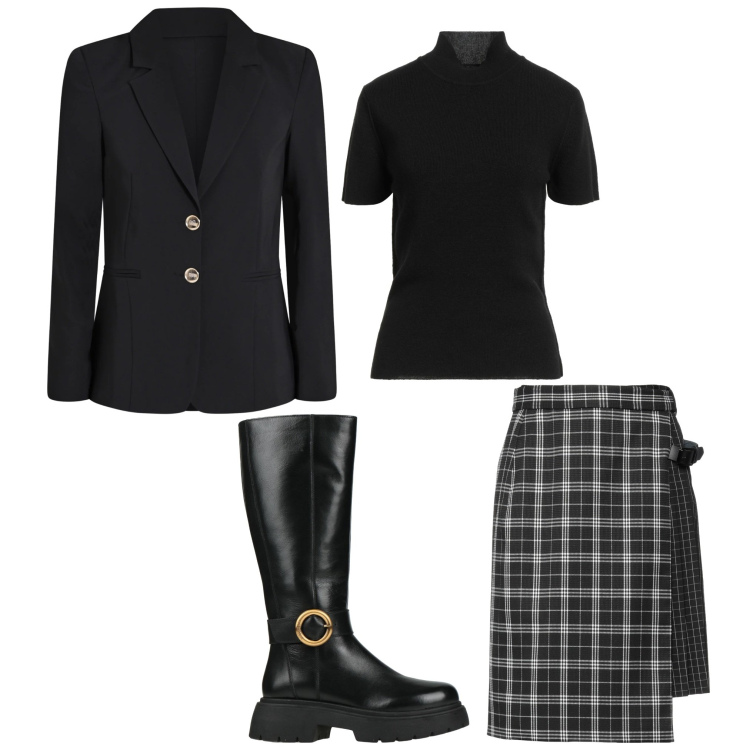 Outfit donna - Professionale. Stile Chic per Ufficio. Abbinamento con minigonne, maglieria, stivali, blazer.