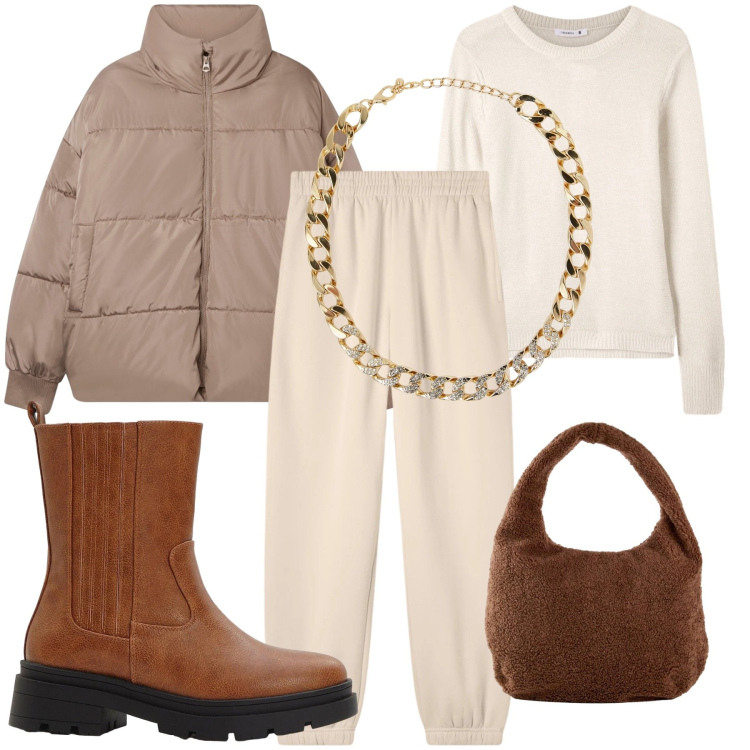 Outfit donna - Total look #2319763. Stile Casual per Tutti i giorni. Abbinamento con bomber, collane, pantaloni, maglieria, shopping bag, stivaletti chelsea.