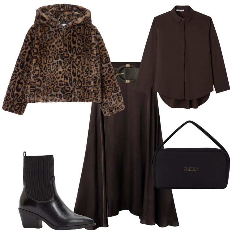 Outfit donna - Chic serata evento speciale. Stile Chic per Serata fuori. Abbinamento con stivaletti texani, ecopellicce, cinture, gonne longuette, camicie, borse a mano.