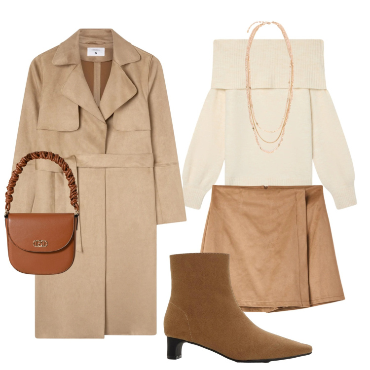 Outfit donna - Colori caldi. Stile Casual chic per Tutti i giorni. Abbinamento con stivaletti, trench, maglieria, minigonne, borse a mano, collane.