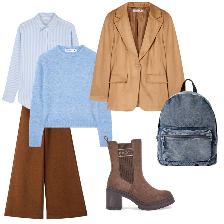 Outfit donna - Light Blue chic. Stile Casual chic per Tutti i giorni. Abbinamento con maglieria, blazer, zaini, camicie, pantaloni, stivaletti chelsea.
