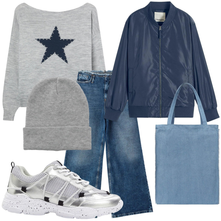 Outfit donna - Total look #2319775. Stile Casual per Tutti i giorni. Abbinamento con sneakers, bomber, maglieria, borse tote, berretti, jeans dritti.