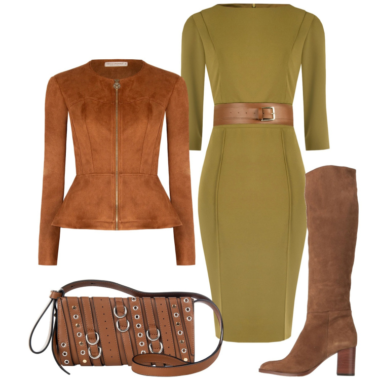 Outfit donna - In vista della primavera. Stile Glamour per Tutti i giorni. Abbinamento con stivali, borse a spalla, blazer, vestiti a tubino.