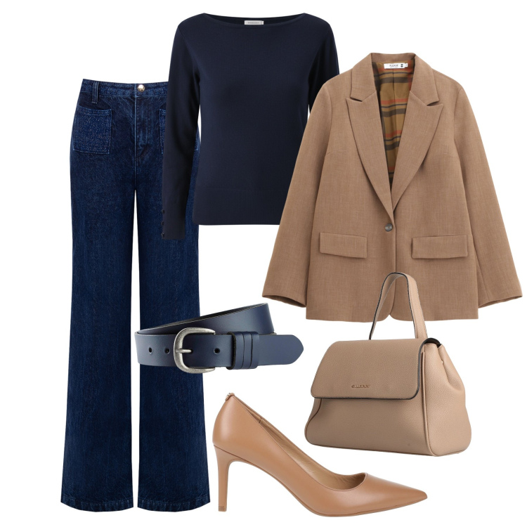 Outfit donna - Minimal chic jeans e tacchi. Stile Casual chic per Tutti i giorni. Abbinamento con cinture, zaini, décolleté, jeans, pullovers, blazer.