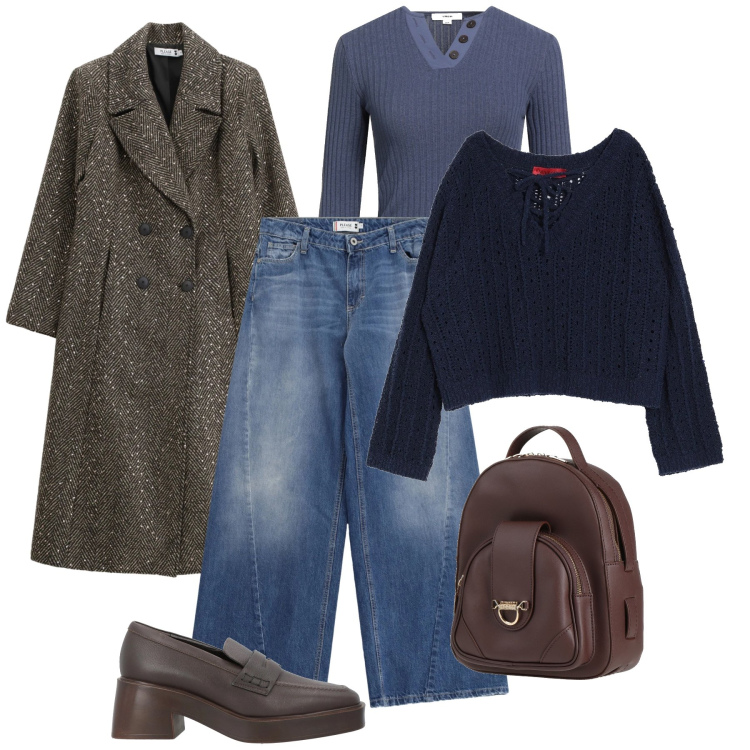 Outfit donna - Layering urbano. Stile Urban per Tutti i giorni. Abbinamento con pullovers, mocassini, t-shirt, zaini, jeans, cappotti.