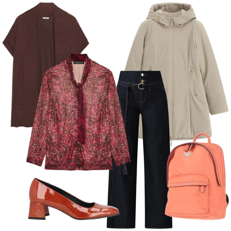 Outfit donna - Décolleté caramello. Stile Bon Ton per Ufficio. Abbinamento con zaini, décolleté, parka, jeans, cardigans, camicie.