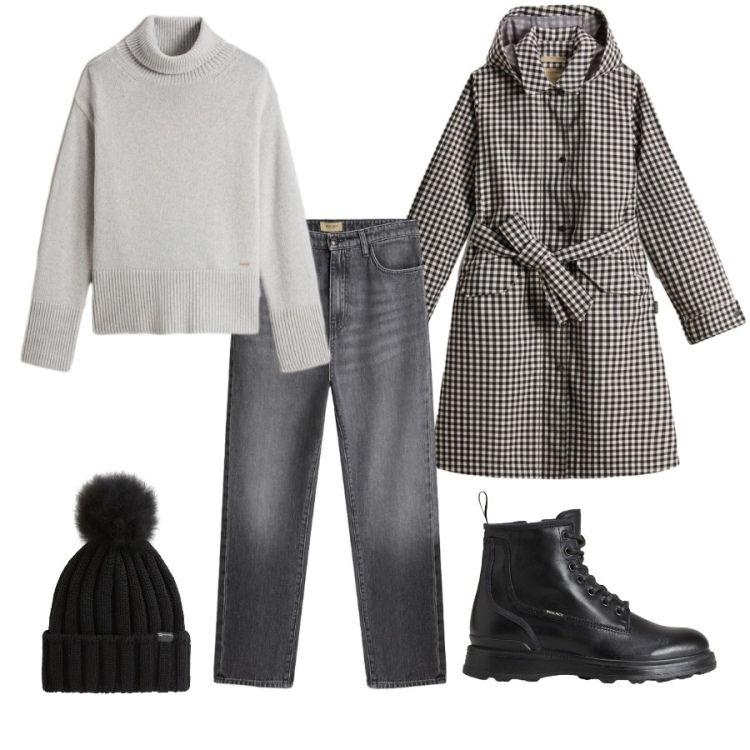 Outfit donna - Ai giardinetti col cane. Abbinamento con jeans, trench, maglieria, anfibi, berretti.