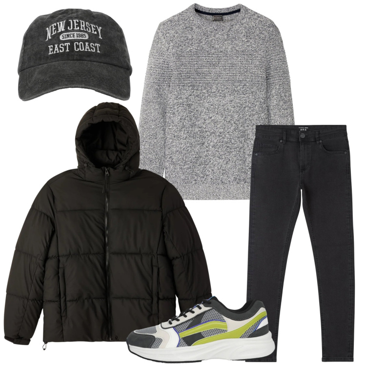 Outfit uomo - Grigio urbano. Stile Urban per Tutti i giorni. Abbinamento con maglieria, jeans skinny, cappelli con visiera, bomber, sneakers.
