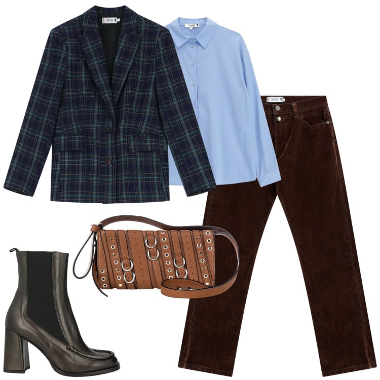 Outfit donna - Stile senza sforzo. Stile Casual chic per Tutti i giorni. Abbinamento con stivaletti chelsea, pantaloni, blazer, camicie, borse a spalla.