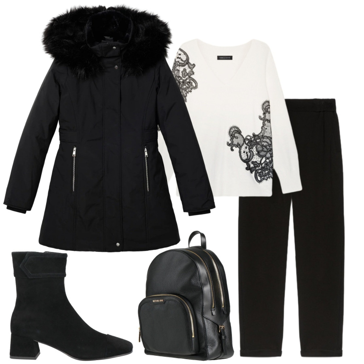 Outfit donna - Gennaio. Stile Urban per Tutti i giorni. Abbinamento con stivaletti, zaini, parka, pantaloni, maglieria.