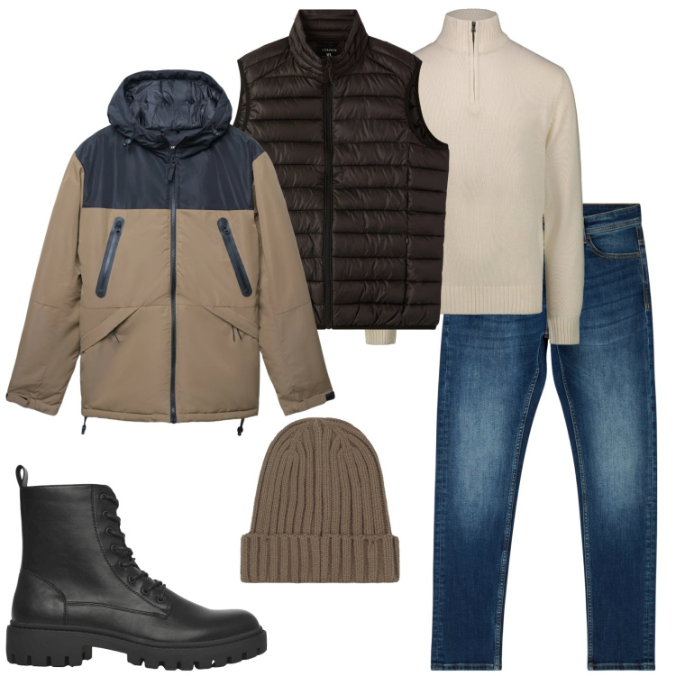 Outfit uomo - Freddo in città. Stile Urban per Tutti i giorni. Abbinamento con jeans skinny, anfibi, bomber, piumini, berretti, maglieria.