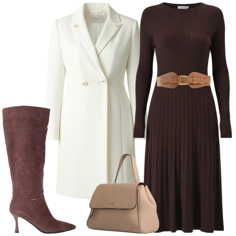 Outfit donna - 🤎 Caffè & Panna Chic. Stile Chic per Tutti i giorni. Abbinamento con cinture, zaini, stivali, vestiti midi/longuette, cappotti, ciondoli.