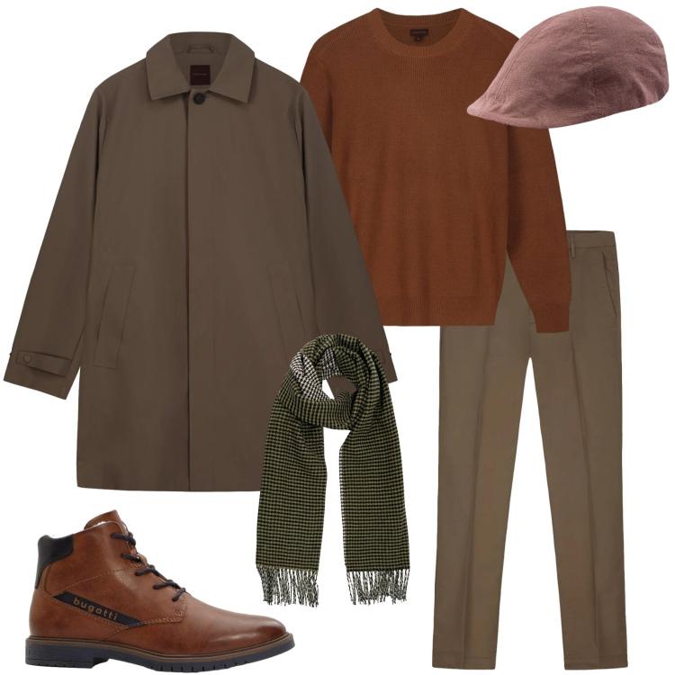 Outfit uomo - Outfit da città fredda. Stile Urban per Ufficio. Abbinamento con anfibi, trench, pantaloni, maglieria, sciarpe, cappelli con visiera.