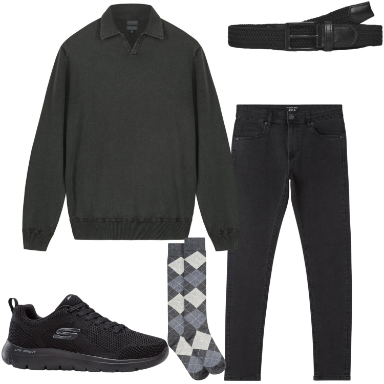 Outfit uomo - Maglia protagonista. Stile Casual per Tutti i giorni. Abbinamento con sneakers, jeans skinny, cinture, maglieria, calzini.