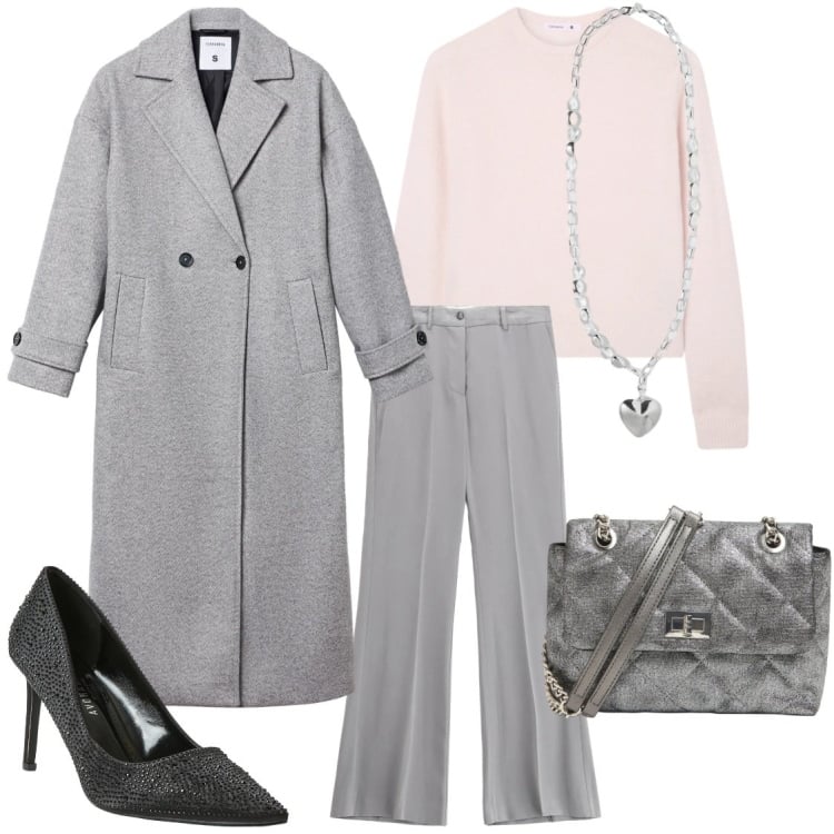 Outfit donna - Rosa e grigio. Stile Bon Ton per Serata fuori. Abbinamento con maglieria, cappotti, borse a tracolla, décolleté, pantaloni, collane.