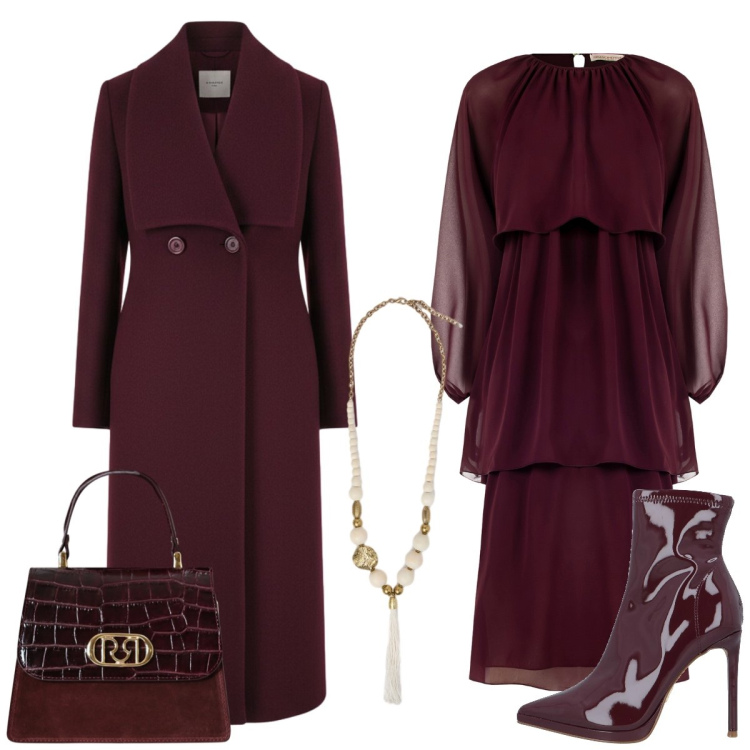 Outfit donna - Total look #2320091. Stile Chic per Serata fuori. Abbinamento con stivaletti, cappotti, vestiti lunghi, borse a mano, ciondoli.