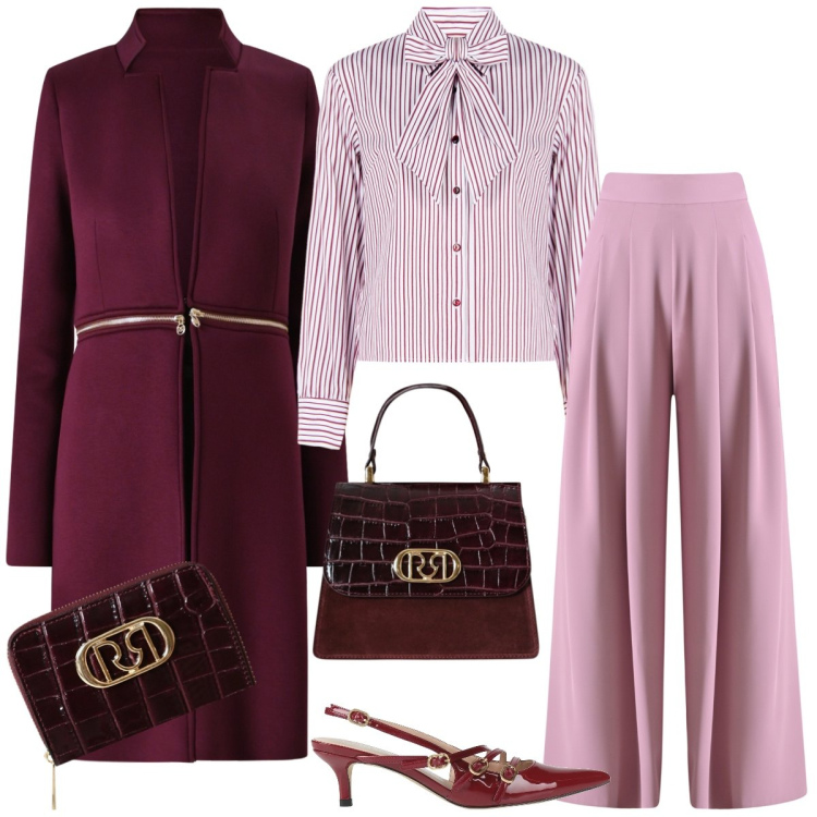 Outfit donna - Total look #2320109. Stile Chic per Tutti i giorni. Abbinamento con décolleté, cappotti, pantaloni a palazzo, camicie, portafogli, borse a mano.