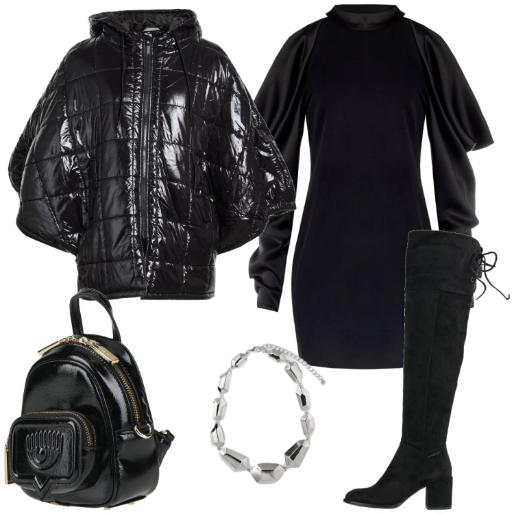 Outfit donna - Total look #2320114. Stile Rock per Tutti i giorni. Abbinamento con cappe, stivali, zaini, vestiti corti, ciondoli.