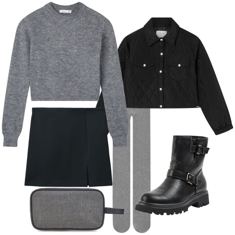 Outfit donna - Nero e grigio saldi. Stile Casual per Tutti i giorni. Abbinamento con minigonne, maglieria, stivaletti, collant, giacche, valigie.