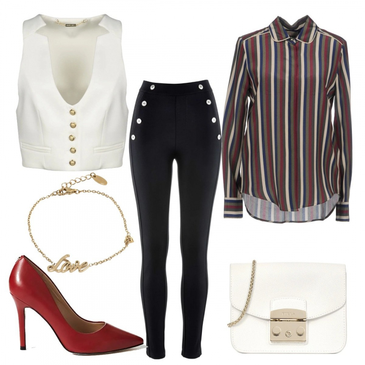 Outfit donna - Il gilet bianco. Stile Trendy per Ufficio. Abbinamento con leggings, camicia a righe effetto laminato collo classico a maniche lunghe in seta con bottoni, top collo a v interno foderato tinta unita, bracciale con gancio maglia, décolleté, borsa a tracolla mini.