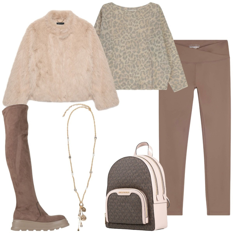 Outfit donna - Stivali alti. Stile Casual chic per Tutti i giorni. Abbinamento con stivali sopra il ginocchio, zaini, maglieria, leggings, ecopellicce, ciondoli.