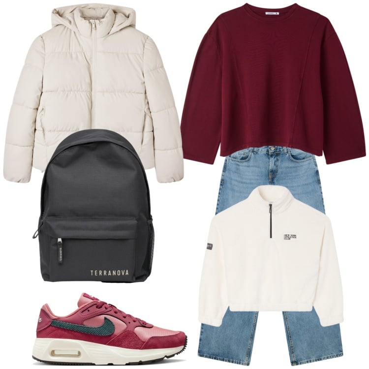 Outfit donna - Saldi saldi. Stile Urban per Scuola/Università. Abbinamento con t-shirt, bomber, felpe sportive, zaini, jeans boyfriend, sneakers.