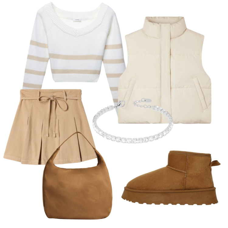 Outfit donna - Monica. Stile Trendy per Tutti i giorni. Abbinamento con minigonne, borse a mano, maglieria, piumini, stivali, braccialetti.